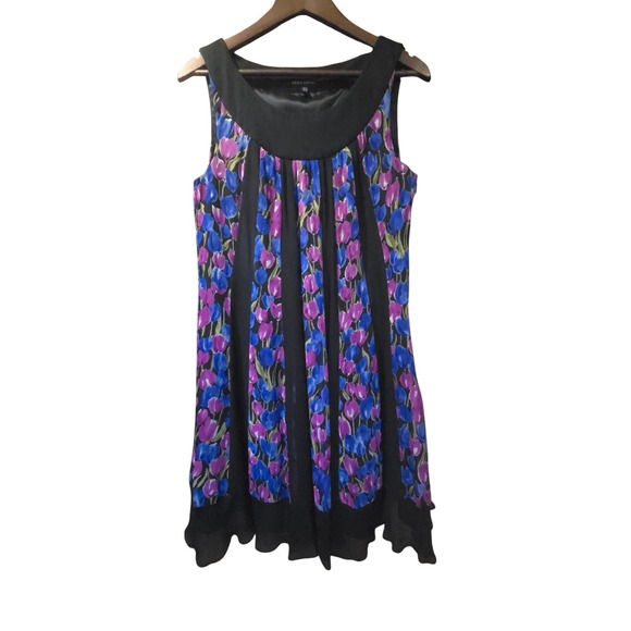 Laura Ashley Dresses & Skirts - Laura Ashley Vintage Silk Floral Tulip Dress Black Purple Blue Sleeveless Size 8